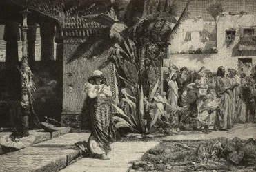 Madalena, mulher com turbante e procissão na aldeia do Médio Oriente, gravura dos irmãos Cantagalli de pintura de Giovanni Muzzioli (1854-1894), Modena, Itália de L