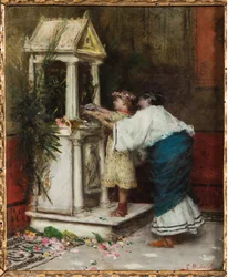 Mãe e filha em frente a um pequeno templo (óleo sobre tela)
