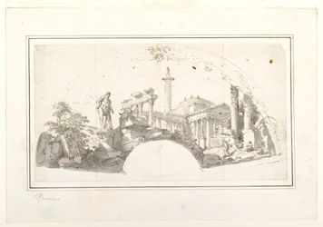 Desenho para um leque: Capriccio com ruínas romanas e o Hércules de Farnese