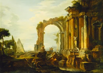 Um capricho de ruínas clássicas com a pirâmide de Cestius e figuras em uma paisagem,