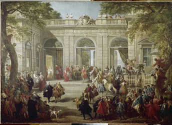 Carlos III de Espanha ou Carlos de Bourbon, Rei de Nápoles (Carlo Borbone) (1716-1788) visita o Papa Bento XIV na Casa do Café do Palácio do Quirinale (Quirinal) Pintura de Giovanni Paolo Pannini (1691-1765) 1746 Nápoles, Museo Nazionale Di Capodi