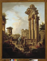 Paisagem de ruínas romanas com restos de um templo de Saturno ou "o arqueólogo" (óleo sobre tela)