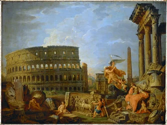 O Coliseu e o Arco de Constantino com a alegoria da decadência do Império Romano ... (pintura sobre tela)