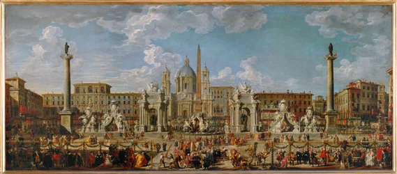 Os preparativos para o fogo de artifício e as decorações para as festividades na Piazza Navona, em Roma, a 30 de novembro ...