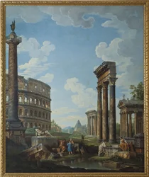 Um capriccio com figuras em ruínas romanas, incluindo o Arco de Constantino e o Panteão, o Coliseu e a Coluna de Trajano (Colonna Traiana) - Pintura de Giovanni Paolo Panini (Pannini) (1691-1765), óleo sobre tela, 210,8x1