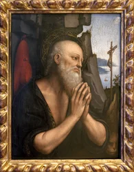 São Jerónimo Penitente. Pintura de Giovanni Pedrini ou Giovan Pietro Rizzi ou Gian Pietro Rizzoli conhecido como Giampietrino (activo de 1495 a 1549), óleo sobre madeira, arte italiana, da comitiva de Leonard de Vinci (1452-1519), renascença. Musee des Bea