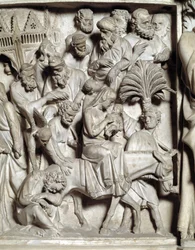 Detalhe dos relevos da cadeira realizados por Giovanni Pisano (1248-1314): Detalhe dos relevos do púlpito de mármore, voo para o Egipto 1302-1311 Cathedrale de Pisa (Duomo di Pisa), Itália