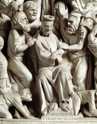 Detalhe dos relevos da cadeira realizados por Giovanni Pisano (1248-1314): Detalhe dos relevos do púlpito de mármore, jesus escarnecido 1302-1311 Catedral de Pisa (Duomo di Pisa), Itália