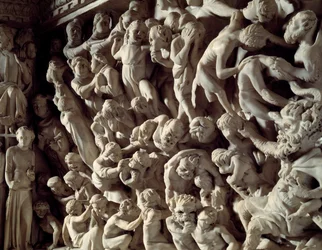 Detalhe dos relevos da cadeira realizada por Giovanni Pisano (1248-1314): as represas (Detalhe dos relevos do púlpito de mármore) 1302-1311 Cathedrale de Pisa (Duomo di Pisa), Itália