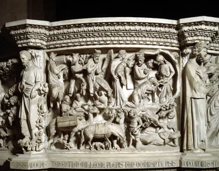 Detalhe dos relevos da cadeira realizada por Giovanni Pisano (1248-1314): a viagem e a adoração dos magos (Detalhe dos relevos do púlpito de mármore, a viagem e a adoração dos magos) 1302-1311 Catedral de Pisa (Duomo di Pisa), Itália