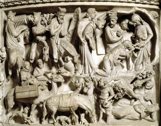 Detalhe dos relevos da cadeira realizada por Giovanni Pisano (1248-1314): a viagem e a adoração dos magos (Detalhe dos relevos do púlpito de mármore, a viagem e a adoração dos magos) 1302-1311 Catedral de Pisa (Duomo di Pisa), Itália