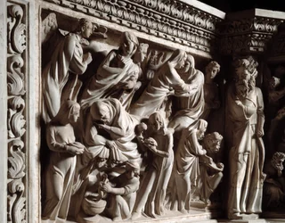 Detalhe dos relevos da Cadeira realizados por Giovanni Pisano (1248-1314): o anúncio, a visitação e o nascimento de João Batista (Detalhe dos relevos do púlpito de mármore, anúncio, visitação e nascimento de São João Batista) 1302-1311 Cath