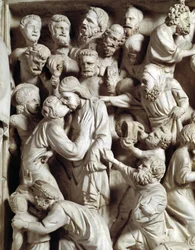 Pormenor dos relevos do púlpito realizados por Giovanni Pisano (1248-1314): o beijo de Judas (pormenor dos relevos do púlpito de mármore, beijo de Judas), 1302-1311. Catedral de Pisa (Duomo di Pisa), Itália