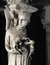 Detalhe dos grupos esculpidos de apoio à Cadeira realizados por Giovanni Pisano (1248-1314): a Igreja alimentando os seus filhos (Detalhe das esculturas de apoio ao púlpito de mármore, a Igreja alimenta os seus filhos) 1302-1311 Cathedrale de Pisa (Duomo d
