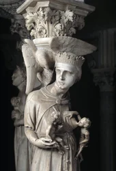 Detalhe dos grupos esculpidos de apoio à Cadeira realizados por Giovanni Pisano (1248-1314): a Igreja alimentando os seus filhos (Detalhe das esculturas de apoio ao púlpito de mármore, a Igreja alimenta os seus filhos) 1302-1311 Cathedrale de Pisa (Duomo d