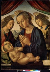 Virgem e criança com anjos (tempera no painel)