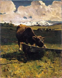 Vaca castanha no cocho de Giovanni Segantini (1858-1899), óleo sobre tela, 88x69 cm