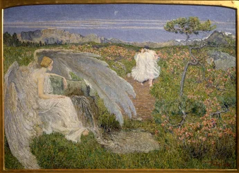 Fonte do Amor da Vida: Um anjo a ver um casal a caminhar numa paisagem de sonho.
