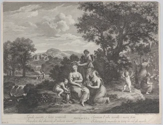 Primavera, um grupo de mulheres coletando flores e fazendo coroas com elas, ca. 1764.