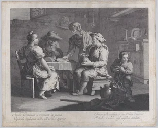 Três pessoas sentadas ao redor de uma mesa à esquerda enquanto um homem traz um prato vazio..., 1760-70.