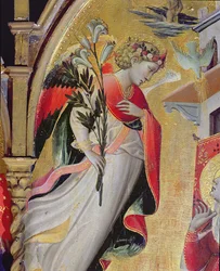 Arcanjo Gabriel, detalhe da Anunciação com SS Lawrence, Bento, João Batista e Nicolau, 1434 (tempera e folha de ouro no painel)