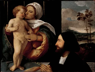 Virgem e Criança com um Homem Devoto Pintura de Giovanni Busi dit Cariani (1482-1547)