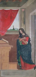 Anunciado da Virgem, painel de anunciação que originalmente formava uma das venezianas exteriores do órgão em San Bartolomeo, Vicenza (têmpera sobre tela) (ver 183650)