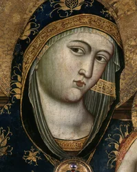 Virgem e Menino, detalhe. O rosto da virgem maria coberto com um tecido transparente e um capuz feito de tecido vermelho. Detalhe do retrato da Virgem com o Menino. Pintura de Giovanni Del Biondo (ca. 1356-1398). Políptico. retábulo italiano. Escurecer: 14