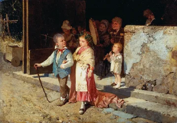 Jovem casal, de Giovanni Del Re (1829-1919), óleo sobre painel, 23x33 cm