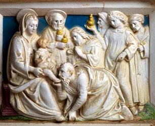 Adoração dos Magos, detalhe de Predella of Last Judgment, de Giovanni Della Robbia (1469-1529), Igreja de San Girolamo em Volterra, Toscana