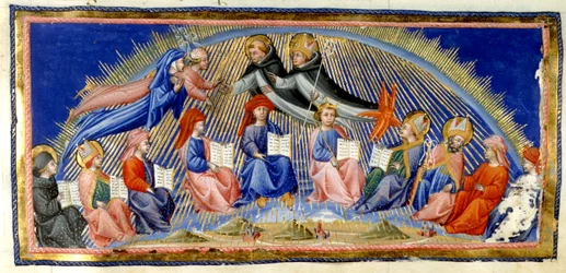 Paradiso, Canto X. Beatriz e Dante pairam ao lado do Céu do Sol ao encontro daqueles que se distinguem pela sua sabedoria. São saudados por São Tomás de Aquino com Albertus Magnus. Abaixo estão sentados dez representantes da sabedoria; Bede, Santo Ambrósio