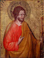 Representação de São Tiago o Pelerin Este é São Tiago o Major ou São Tiago, filho de Zebedeu. Pintura de Giovanni di Paolo (1395/1400-1482) Assis do século XV, Museo del Tesoro della Basilica di San Francesco e Collezione Perkins
