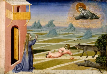Santa Clare Resgatando uma Criança Mauled by a Wolf, c.1455-60 (tempera e folha de ouro no painel)