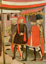 Frontal da Adimari Cassone, detalhe de quatro homens, temperado c.1450 em paneldetail de 80304