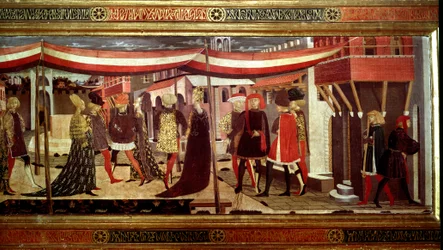 Cerimónia de Casamento Renascentista Detalhe da parte esquerda do painel que decora o Cassone Adimari. Cena de casamento na Piazza del Duomo (Plaza de la Cathedrale Santa Maria del Fiore). Os casais no cortejo avançam sob um dossel. Pintura de Giovanni di 
