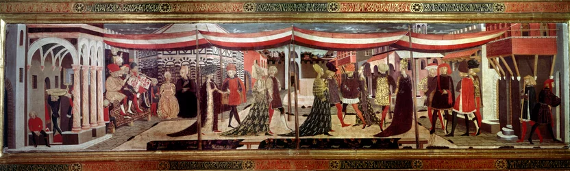 A cerimónia de casamento tem o painel renascentista a decorar o Cassone Adimari. Cena de casamento na Piazza del Duomo (Plaza de la Cathedrale Santa Maria del Fiore). Os casais no cortejo avançam sob um dossel. Pintura de Giovanni di Ser Giovanni Scheggia 