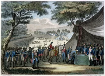 Pacificação da Vendéia pelo general Hoche (1768-97) 20 de abril de 1795 (gravura a cores)