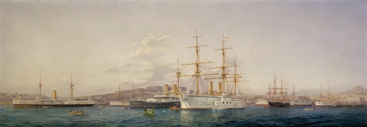 O navio HMS "Alexandra" em Malta rodeia os navios da frota britânica que o acompanham. Óleo sobre tela