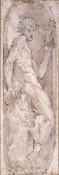 Adam segurando uma maçã, sentado, em um medalhão, c.1547-1553