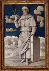 Retrato no pé de Euclides (325-265 a.C.), matemático grego Pintura de Girolamo Mocetto (1458-1531) 1531 Paris. Musee Jacquemart André - Retrato completo de Euclides (325-265 a.C.), matemático inglês. Pintura de Girolamo Mocetto (1458-1531)