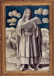Retrato em pé do filósofo grego Aristóteles (384-322 AC) Pintura de Girolamo Mocetto (1458-1531) 1531 Paris. Musee Jacquemart André - Retrato completo do filósofo grego Aristóteles (384-322 a.C.). Pintura de Girolamo Mocetto (1458-1531) 15