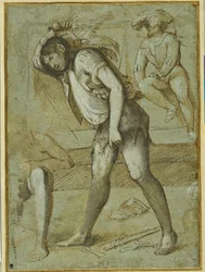 Um carrasco prestes a decapitar um santo barbado (caneta e tinta castanha com lavagem e cor do corpo branca sobre papel)