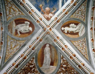 Nichos e estátuas em mosaico, Detalhe de afrescos de Girolamo Romanino (ca. 1484-após 1559), encomendado por Bernardo Clesio