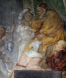 Nabucodonosor, detalhe do milagre dos três companheiros de Daniel, fresco de Girolamo Romanino (ca. 1484- depois de 1562), detalhe da parede direita da Igreja de Santo Antônio Abade, Breno. Itália
