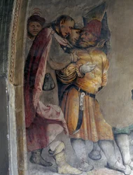 Dois homens falando um com o outro, detalhe de um afresco de Girolamo Romanino (ca1484- depois de 1562), a parede esquerda do presbitério da Igreja de Santo Antônio Abade, Breno. Itália
