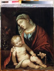 Pintura "Virgem e Criança" de Gerolamo Romanino (1485/6-1566) Cerca de 1520 Museu Hermitage, São Petersburgo