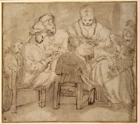 Mulheres e meninas sentadas à volta de uma mesa de costura (caneta e tinta castanha com lavagem castanha no papel)