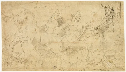 Relevo antigo com Hércules e as éguas de Diomedes (anverso); dois esboços: Sátiro drapeado e Figura feminina alada (verso)