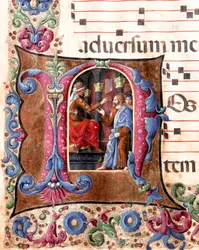 Letras decorativas representando Jesus Cristo em frente a Pôncio Pilatos Miniatura de Girolamo da Cremona (ativo por volta de 1451-1483) e Liberale da Verona (1445-1529) de um coro (Cod. 22/7. c.22.) da Catedral de Siena. Catedral do século XV (Duom