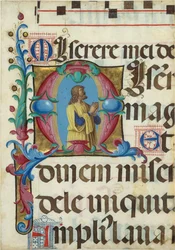 Iluminura de manuscrito com David em oração numa inicial M, de um saltério, italiana, 1501-2.